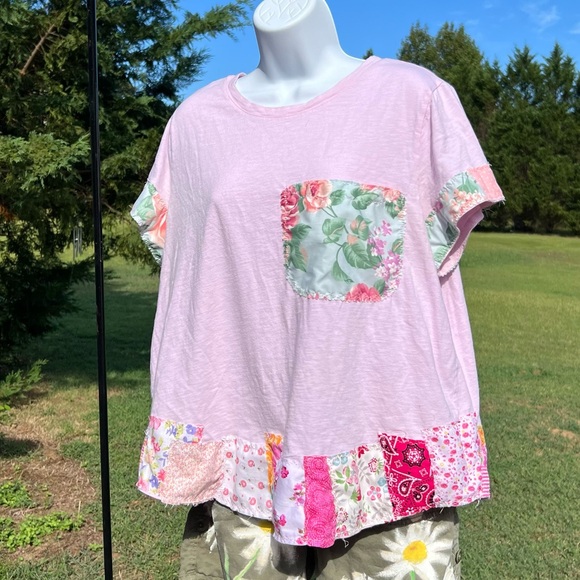 Upcycled Reworked Patchwork Distressed Cotton Short Sleeve T-Shirt Top size XL - Picture 2 of 9